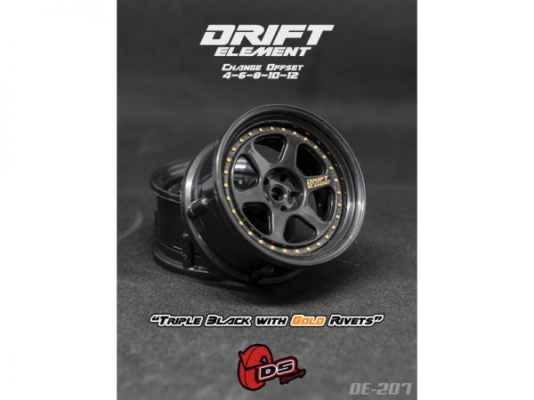 Dz Racing Rims DS RACING Drift Element 6 Spoke Rims (Triple Black with Gold Rivets ...